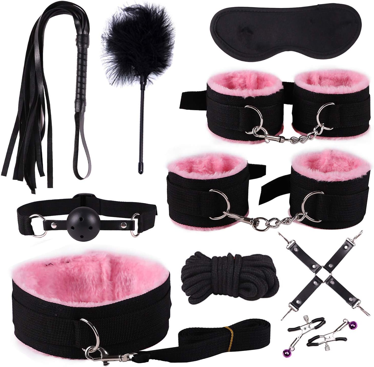 Binding Bundled Set Suit Plush Yoga Nylon 10Pcs Long Fur 6 Colors Warm Winter Gear Sēx Kit Hāndcuff Whip Blindfold SM Cosplay Queen Rëštrâîňtš for Partner Fun Toy Passionate Moment