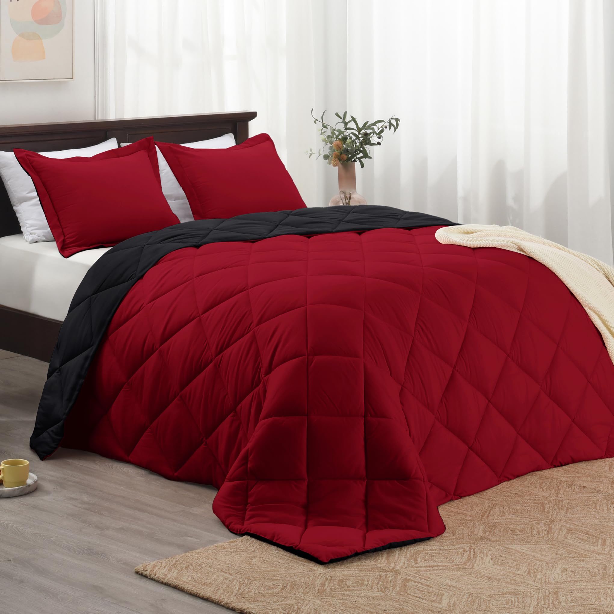 Photo 1 of Basic Beyond Queen Comforter Set, Red and Black Comforter Set Queen Size, Reversible Bed Comforter Queen Bed Set for All Seasons, 1 Comforter (88"x92") and 2 Pillow Shams (20"x26"+2")