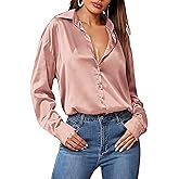 HOTOUCH Women Satin Silk Button Down Shirt Ladies Long Sleeve Tops V Neck Loose Blouse Dressy Business Casual Work Tunic Fall