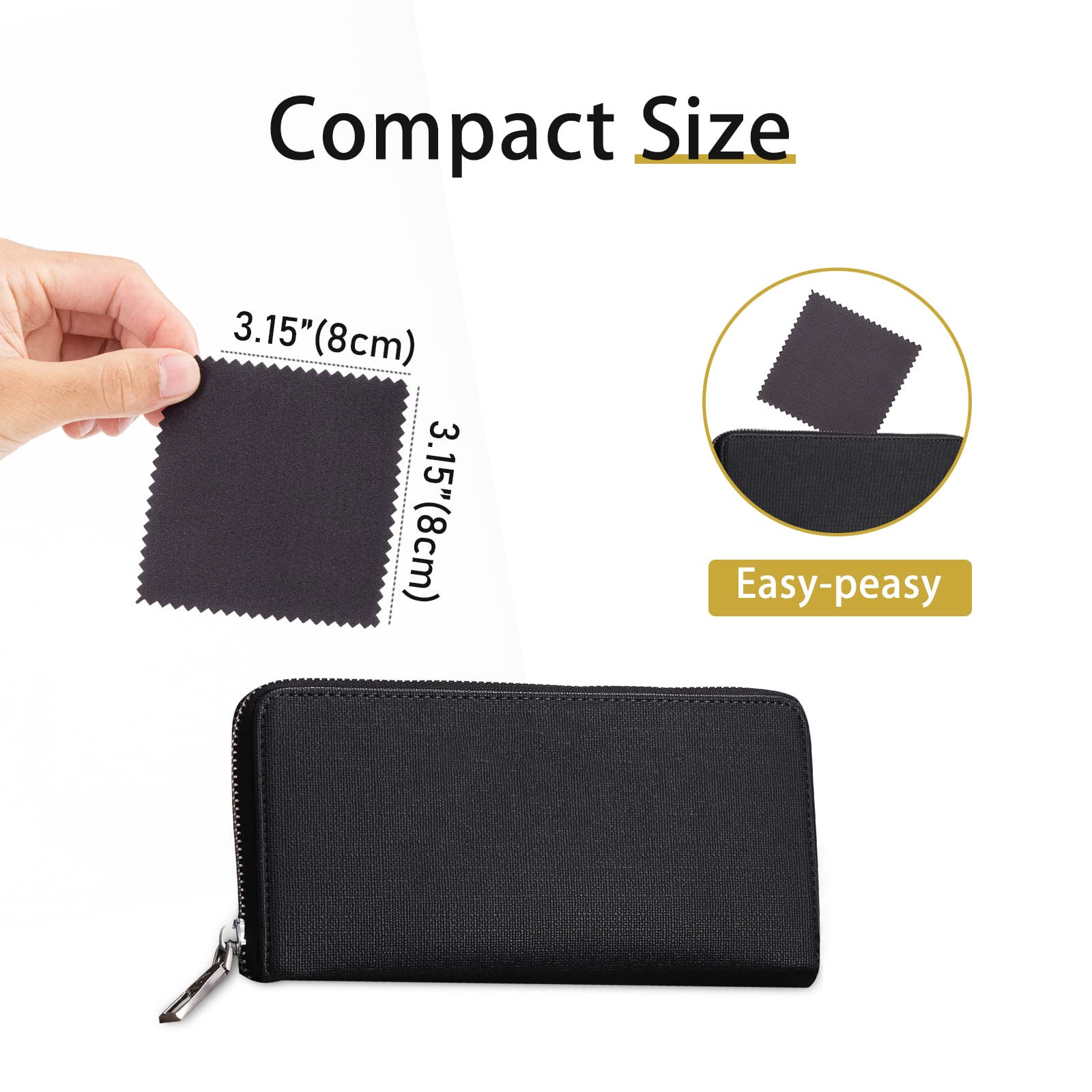 CATIFLIN 100pcs Premium Jewelry Cleaning Cloth, Silver Polishing Cloth Individually Wrapped, for Sterling Silver, Gold, Brass, Silverware, Coin, Ring, Watch and More (Black, 3.15