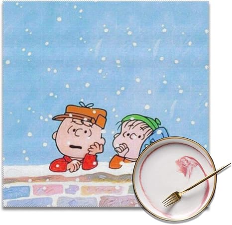 Amazon チャーリーブラウン友達と雪を見ています ランチョンマット 高級感 おしゃれ かわいい 食卓飾り 滑り止め 断熱 お手入れ簡単 コーヒーマット 家庭レストラン用 ４枚セット プレースマット30 30cm ランチョンマット オンライン通販