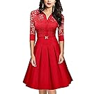 SUJAN Women's Vintage Square Neck Cocktail Swing Dresses with Lace 3/4 Sleeve