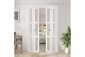 Bifold Doors, for 48"x 80" Opening, JUBEST 3-lite Tempered Frosted Glass Closet Folding Barn Door with Hardware Kit, MDF Closet Door with Water-Proof PVC Surface, White