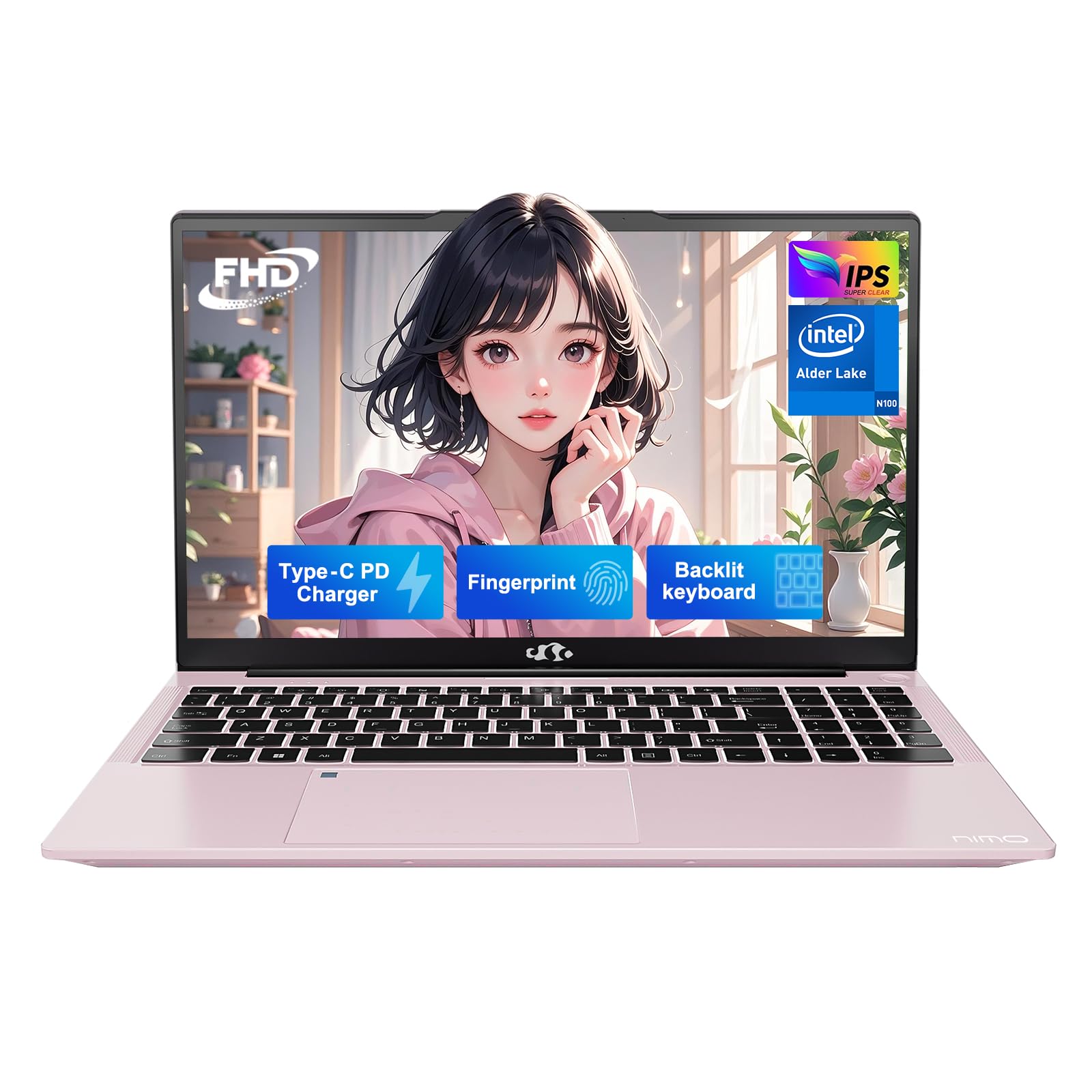NIMO 15.6" IPS FHD-Laptop-Computer, Intel Pentium Quad Core N100 8GB RAM 128GB SSD (Beat i3-1115G4, Up to 3.4GHz) Backlit Keyboard Fingerprint Type-C WiFi 6 BT5.2, for Student and Home Image