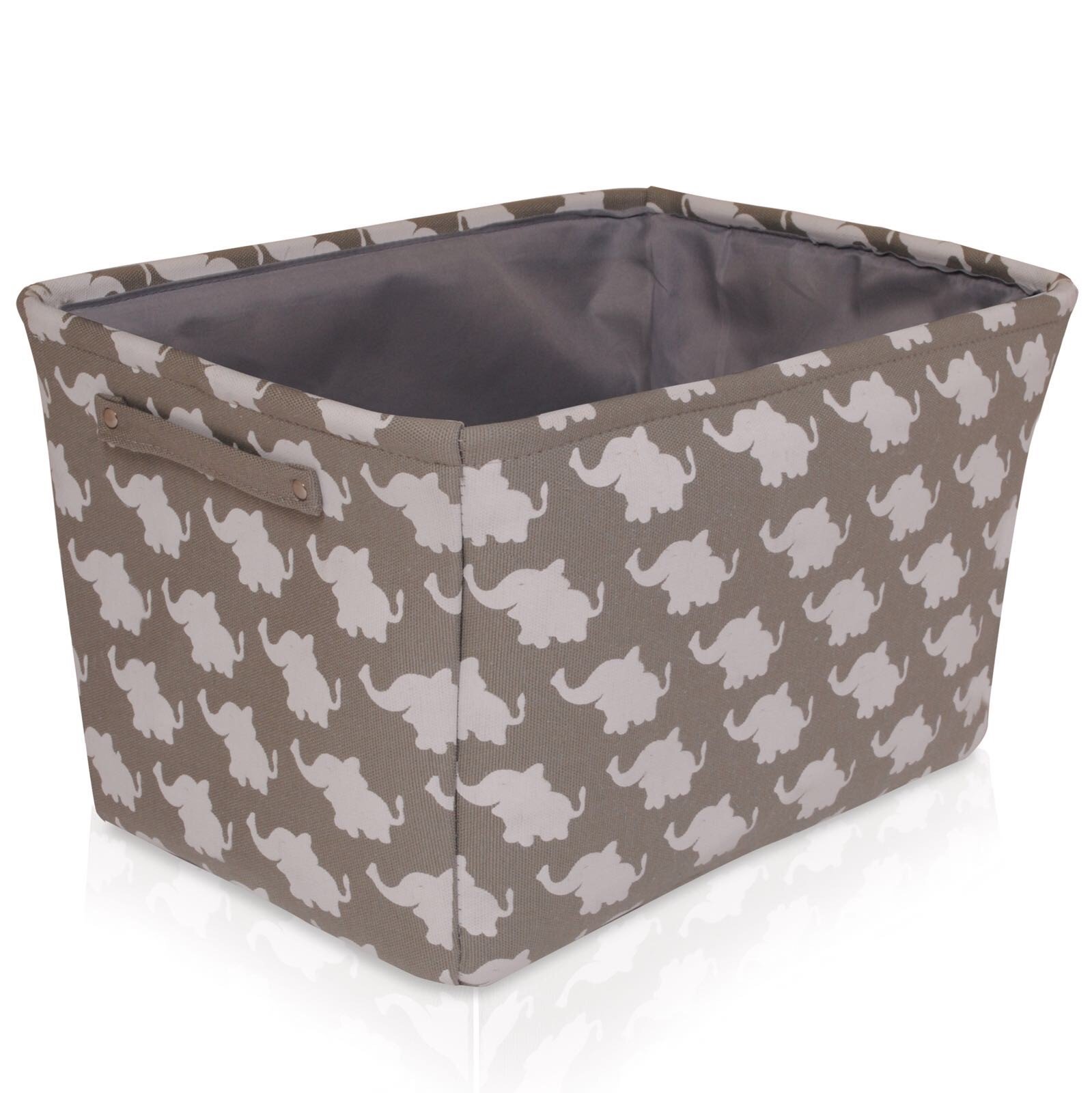 Grey Elephant Canvas Storage Basket - Rectangle Fabric Basket with White Elephants – Perfect for Household Storage, Fabrics or Toys. Size: 40cms x 30cms x 25cms