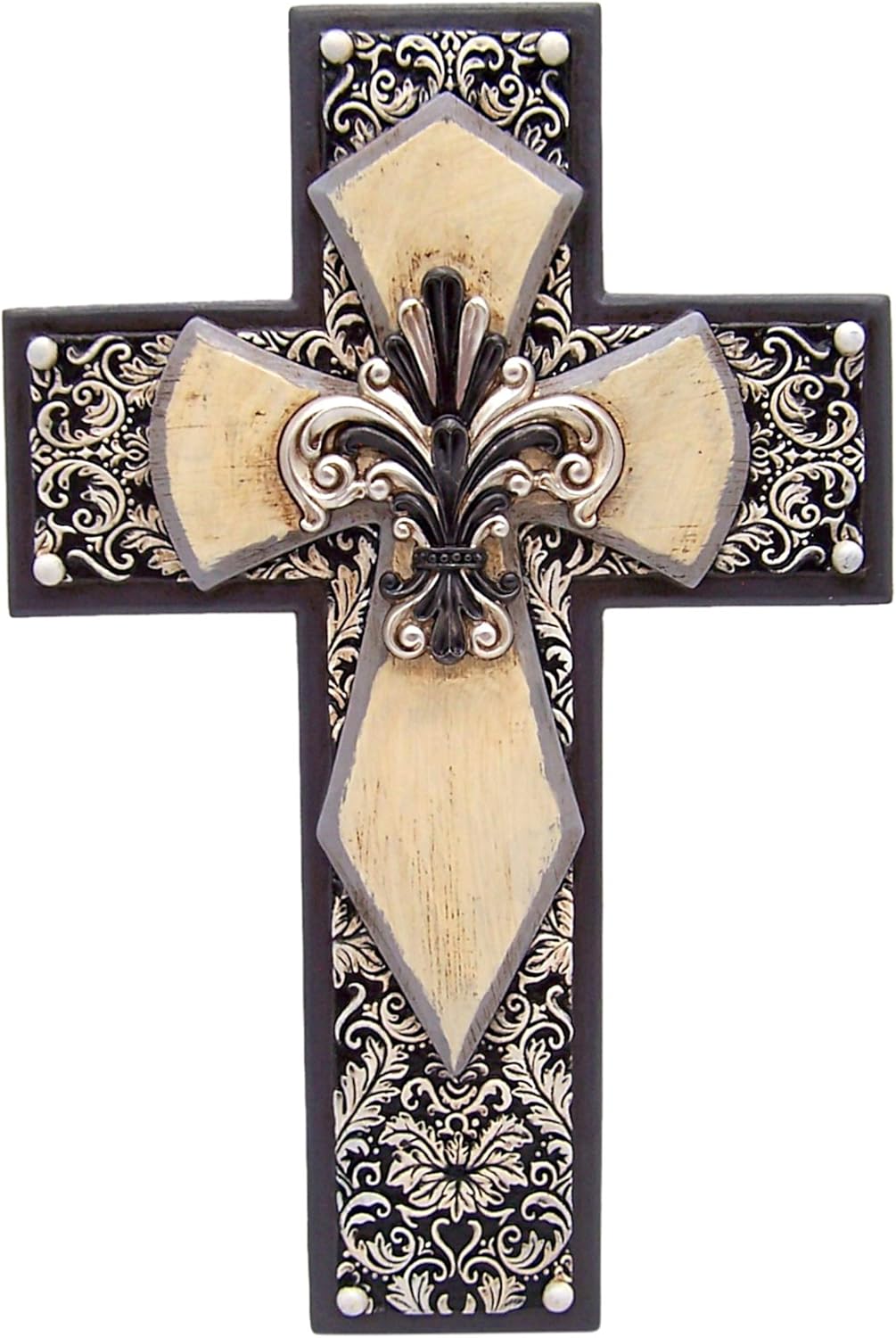Wowser Black and White Hanging Wall Cross, Silver Tone Fleur De Lis Floral Design, Christian Wall Decor, 12.3 Inch