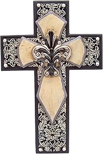 Wowser Black and White Hanging Wall Cross, Silver Tone Fleur De Lis Floral Design, Christian Wall Decor, 12.3 Inch