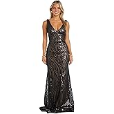 NIGHTWAY Juniors' Sequin Swirl Maxi Dress W/V-Neck, Power Mesh Inset & Open Back |Evening Cocktail Party Prom Homecoming