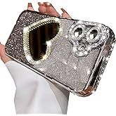 Changjia Glitter Mirror Case for iPhone 16, Cute Luxury Diamond Heart Makeup Mirror Bling Sparkly Rhinestone with Camera Protector TPU Plating Bumper Women Girls Phone Case for iPhone 16 6.1" (Silver)