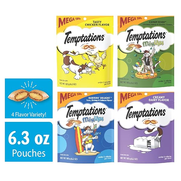 TEMPTATIONS CAT TREATS CLASSIC CRUNCHY AND SOFT CAT TREATS VARIETY PACK, 6.3 OZ. POUCHES (PACK OF 4)