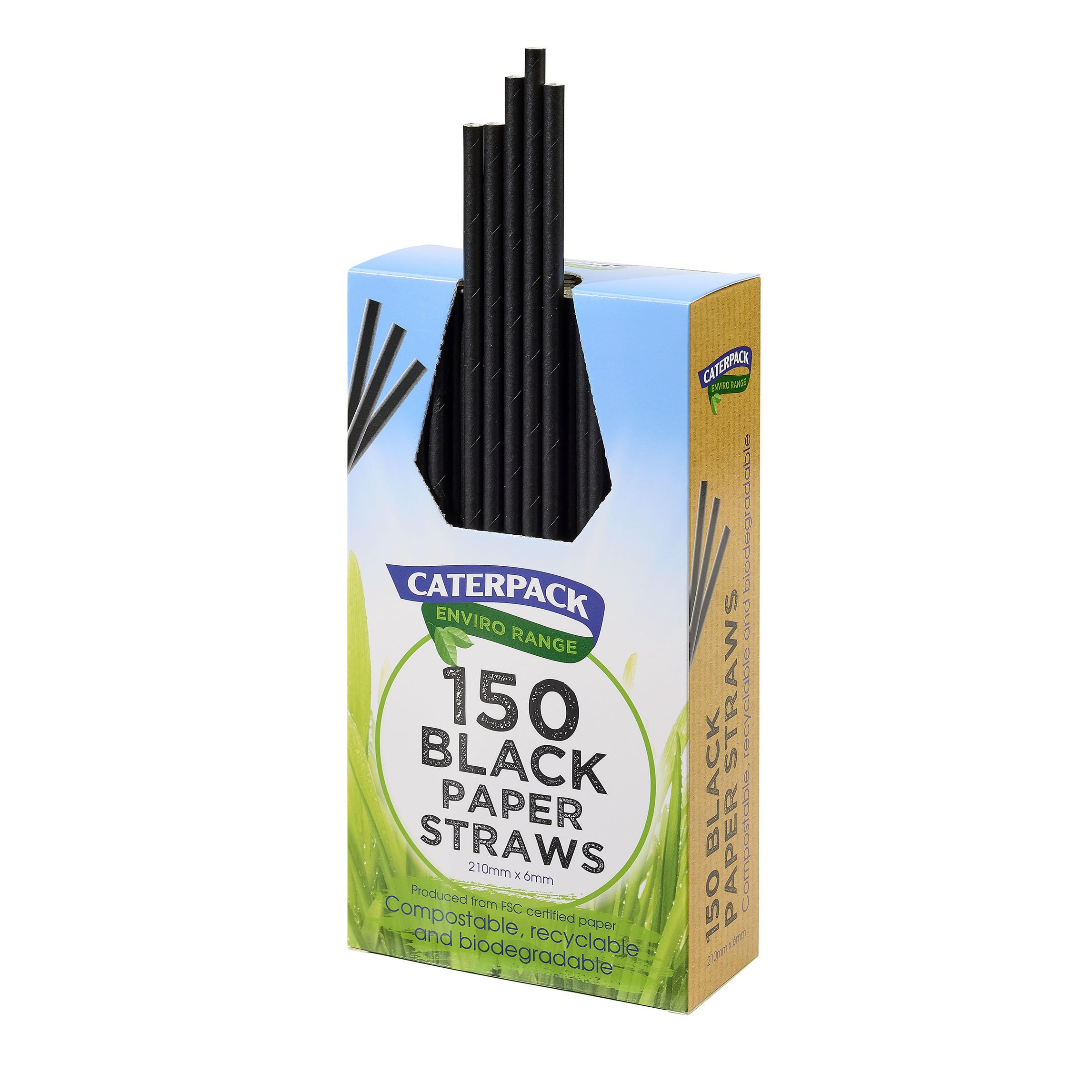 Caterpack Enviro Range Paper Straws Black 150 Pack, 210 x 6mm, Fully Recyclable, Biodegradable and compostable. Strong & Sustainable.