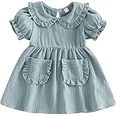VISGOGO Toddler Baby Girl Dress Linen Long Sleeve Solid Color Girls 12 18M 2T 3T 4T 5T Dresses with Pocket for Fall Spring