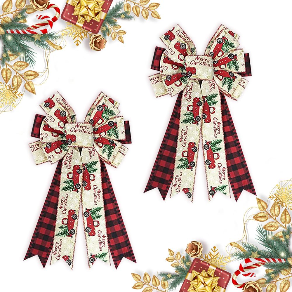 Bows & Ribbons - Threetols 2 PCS Large Christmas Bows for Wreath, Red Black Buffalo Plaid Wreath Bows Red Truck Bows for Front Door, Christmas Tree Bows for Winter New Year Indoor Outdoor Decor