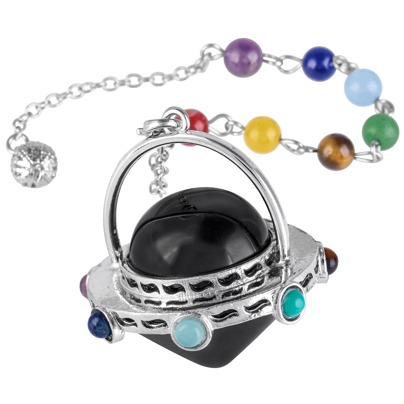 Nupuyai 7 Chakra Obsidian Crystal Quartz Point Pendulum for Divination Dowsing Scrying, Energy Healing Stone Pendulum with Beads Chain