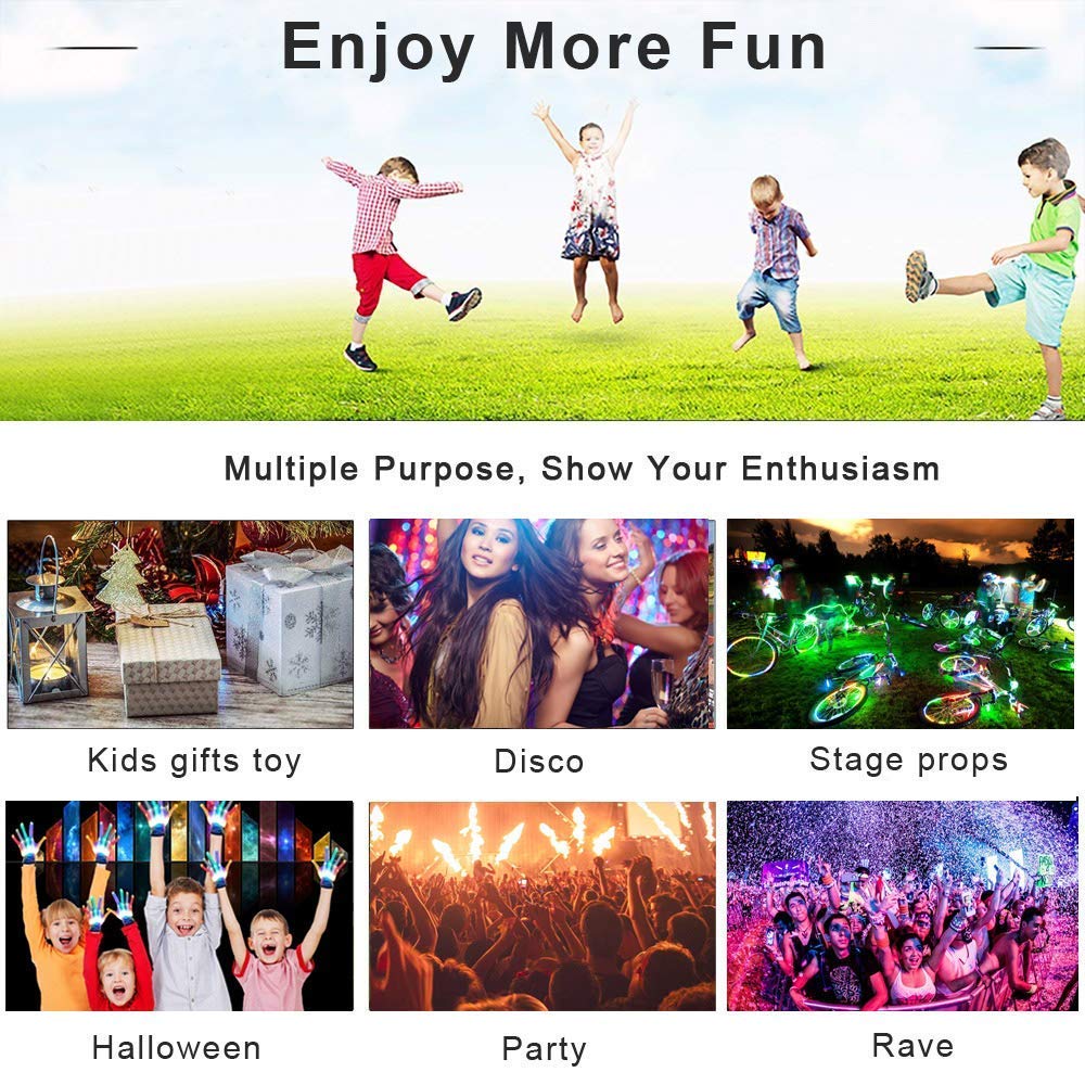 LED Gloves, Light Up Hand Gloves, Flashing Fingers Colourful Rave Gloves 6 Modes Glow for Festivals/ Halloween/ Christmas/ Bonfire Night/ Party/ Games/ Running/ Sports/Gift, Fits Big Kid & Adult Hands