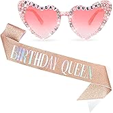 Tihebax Birthday Sash for Women, Birthday Queen Sash with Glasses for Girls Women Birth Day Decorations Accessories for Girls Party Favors