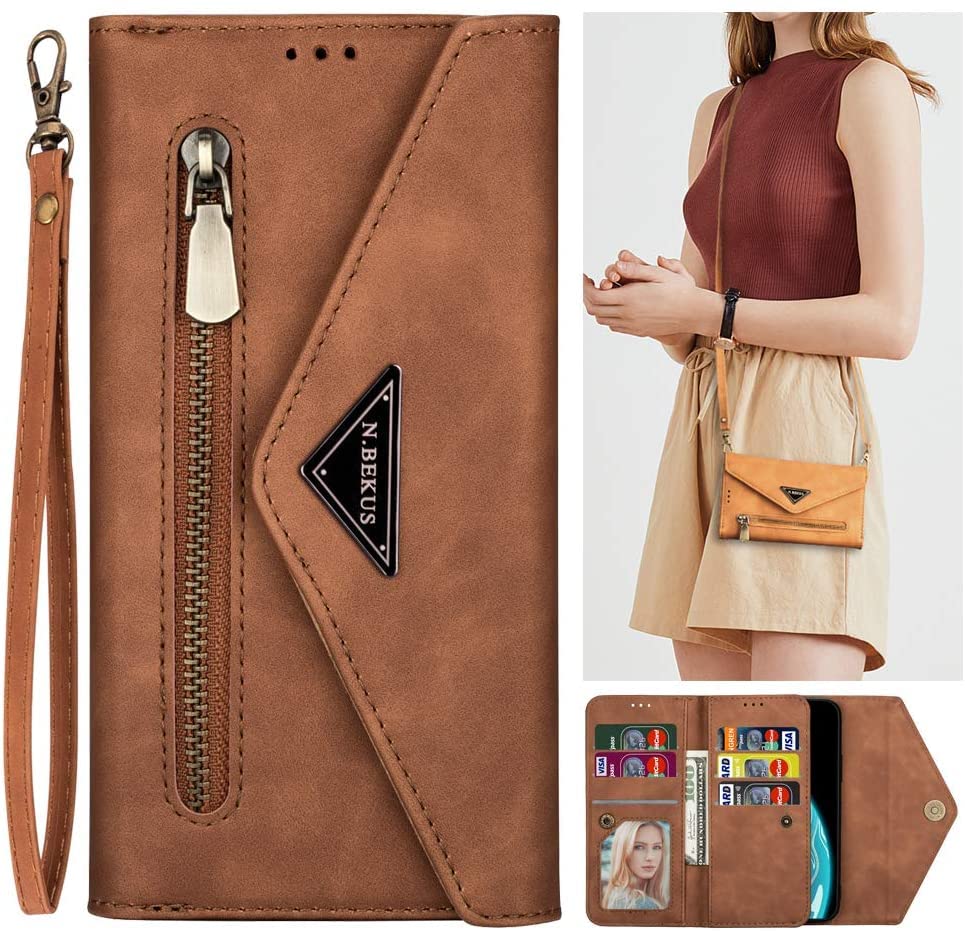 Huawei P Smart 2019 Flip Case for Women/Men,Leather Folio Zipper Wallet Purse Case with Card Holder Fold Stand Shoulder Hand Strap Coin Pocket Magnetic Clouser Crossbody Phone Pouch Handbag Case Brown