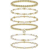 Turandoss 6PCS Beaded Initial Bracelets for Women Girls - 18K Gold Plated Beaded Initial Letter Bracelet Initial A-Z Stretch Bead Stackable Bracelet Jewelry Gifts for Her
