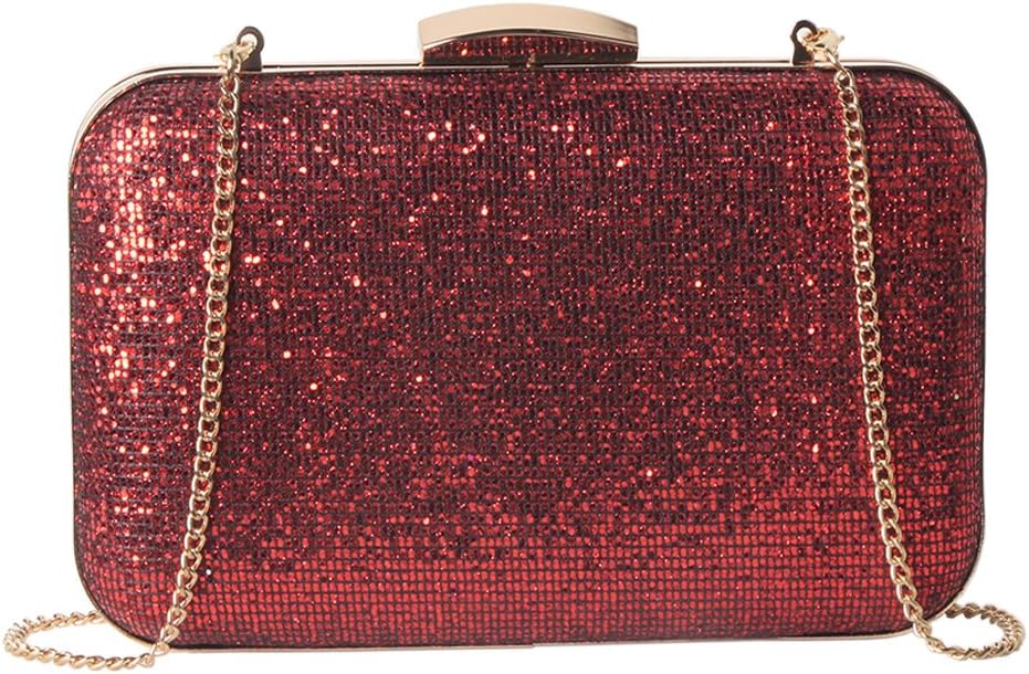 :M10M15 Women's Stylish Red Case Box Evening Clutch Handbags for Party with Glitter Fabric and Metal Frame