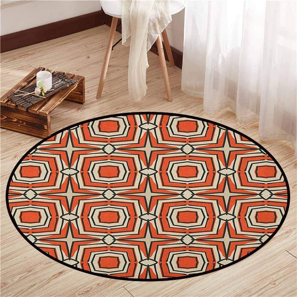 Bedroom Round Rugs,Geometric,Squares and Rhombuses with Bullseye Pattern Abstract Warm Colored Shapes,Door Floor Mat for Bedroom,4'11" Burnt Sienna Beige