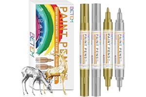 Betem Oil Based Paint Markers, Dual Tip Paint Pens(0.7mm & 3mm), Gold Silver Permanent Paint Marker Pen, Waterproof, Quick Dry, for Fabric, Rock Painting, Wood, Plastic, Metal, Canvas (2Gold2Silver)