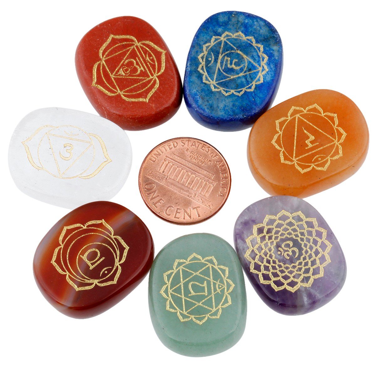 mookaitedecor 7 Piece Chakra Stones with Engraved Symbols Polished Palm Stone for Reiki Crystal Healing