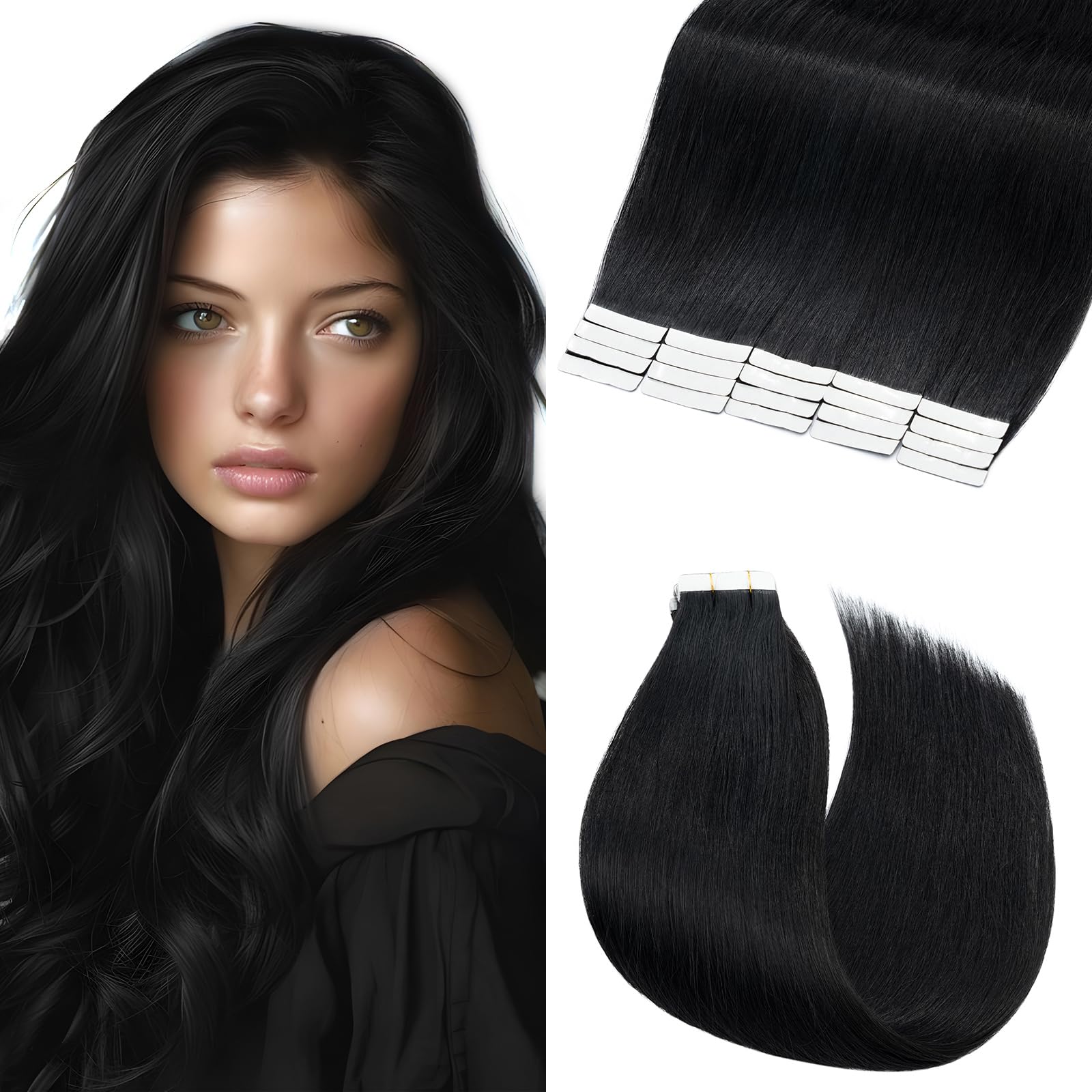 Elailite Tape in Hair Extensions Real Human Hair 20 PCS 24 Inch 50g Long Straight Skin Weft Remy Hair Extension - #1 Jet Black โ image 1