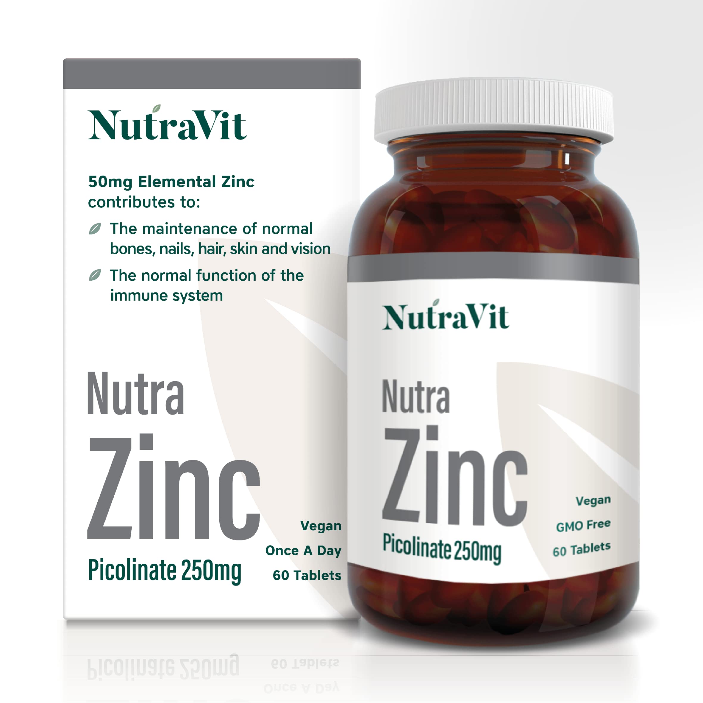 NUTRA ZINC Picolinate 250mg - 60 Tablets | Elemental Zinc 50mg - Maintain Normal Bones, Nails, Skin & Vision | Easy to Swallow & Highly Absorbable - Manufactured in a UK MHRA GMP Facility - NUTRAVIT