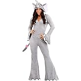 Women's Adult Elephant Halloween Costume - Hooded Safari Animal Cosplay Jumpsuit w/Elephant Ears, Trunk & Tail