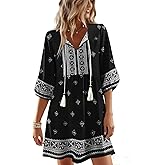 GUNEST Boho Summer Dresses V Neck 3/4 Sleeve Floral Printed Loose Plus Size Flowy Beach Vacation Dress