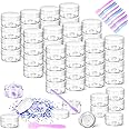 MotBach 50 Pack 10g Plastic Jars with Lids, 10ml Round Clear Cosmetic Containers Makeup Jars, Travel Size Container Jar with 20 Spatulas for Sample Lotion Cream Eyeshadow Ointment Salve Balm Powder