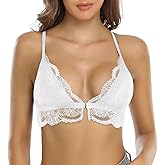 SHEKINI Lace Bralettes for Women Front Closure Bras Padded Wire Free Triangle Wireless Halter Bra Racerback Crop Top Vest Bra