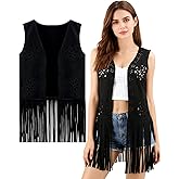 PARTTELY Fringe Vest 70s Hippie Costume Women Sleeveless Cowgirl Western Outfits Faux Suede Tassel Vintage Hippie Outwear