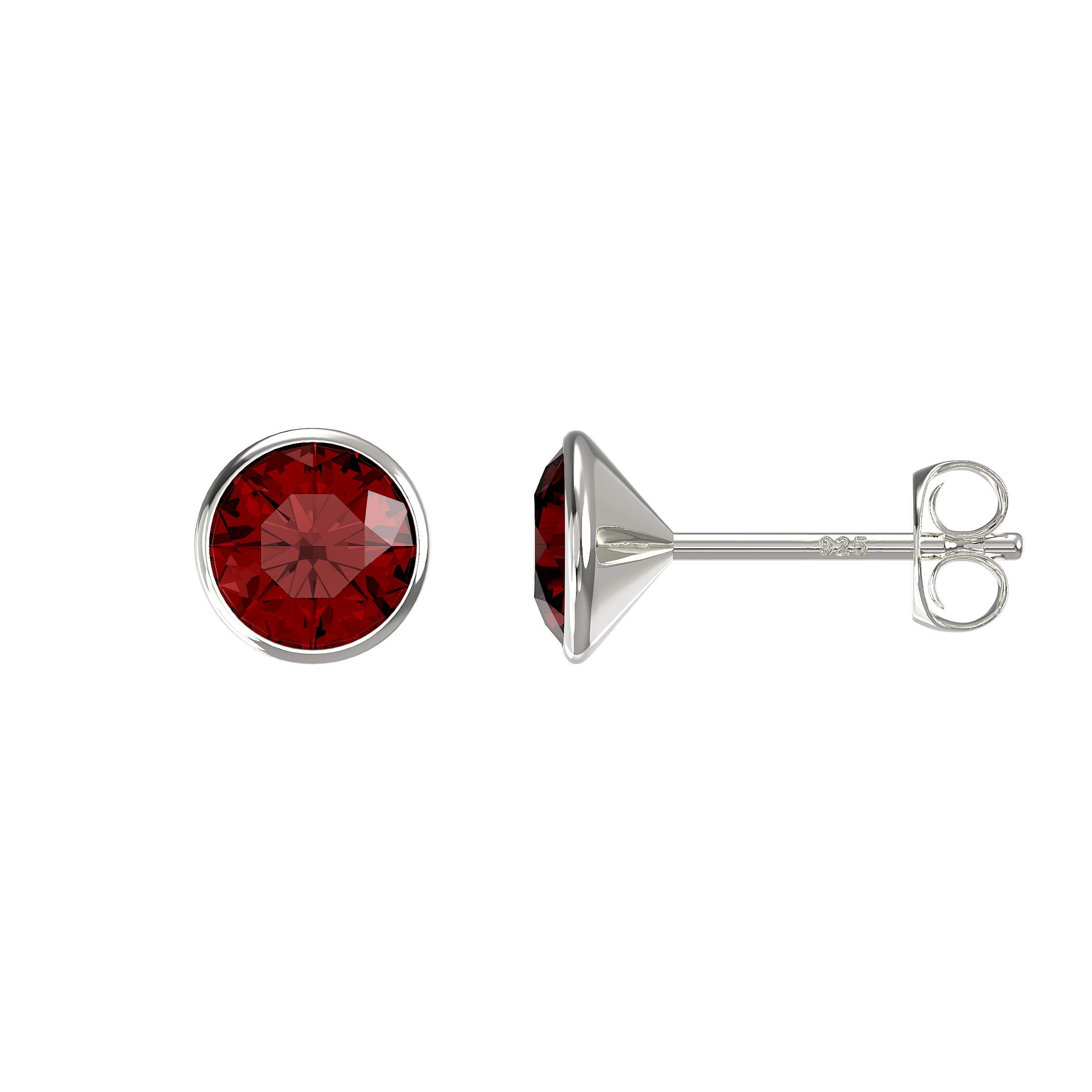 Aeon Birthstone Stud Earrings - January Red Garnet| 925 Sterling Silver & Swarovski Crystal | Polishing Cloth Included | Bezel Set Stone