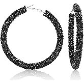 Black Rhinestone Hoop Earrings for Women - Sparkly Crystal Big Loop Circle Earrings, Hypoallergenic Stainless Steel Dangle Jewelry, Lightweight Bling Accessories for Party Wedding Prom, Gift Ready