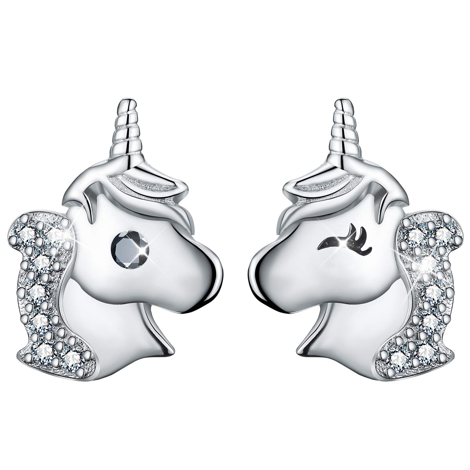 Esberry 18K Gold Plating 925 Sterling Silver Stud Earrings Unicorn with Cubic Zirconia Asymmetry Earrings Hypoallergenic Earrings for Girls and Women (White)