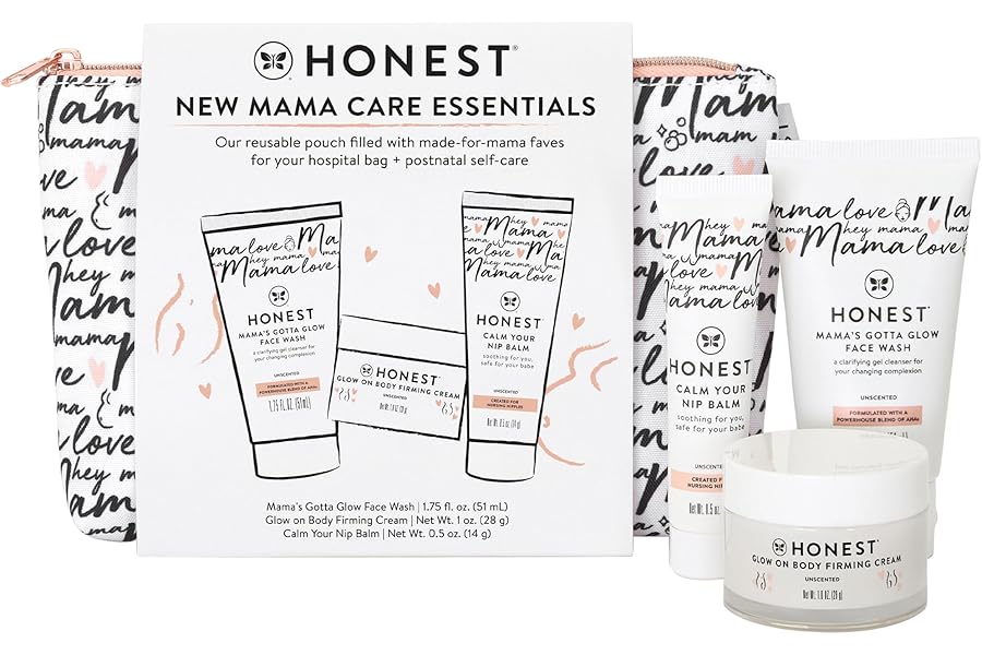The Honest Company New Mama Care Essentials Gift Set Hospital Bag Must Haves Travel Size Nip Balm (0.5 oz) Glow On Body Cream (1 Gotta Face Wash (1.75 fl Reusable Pouch