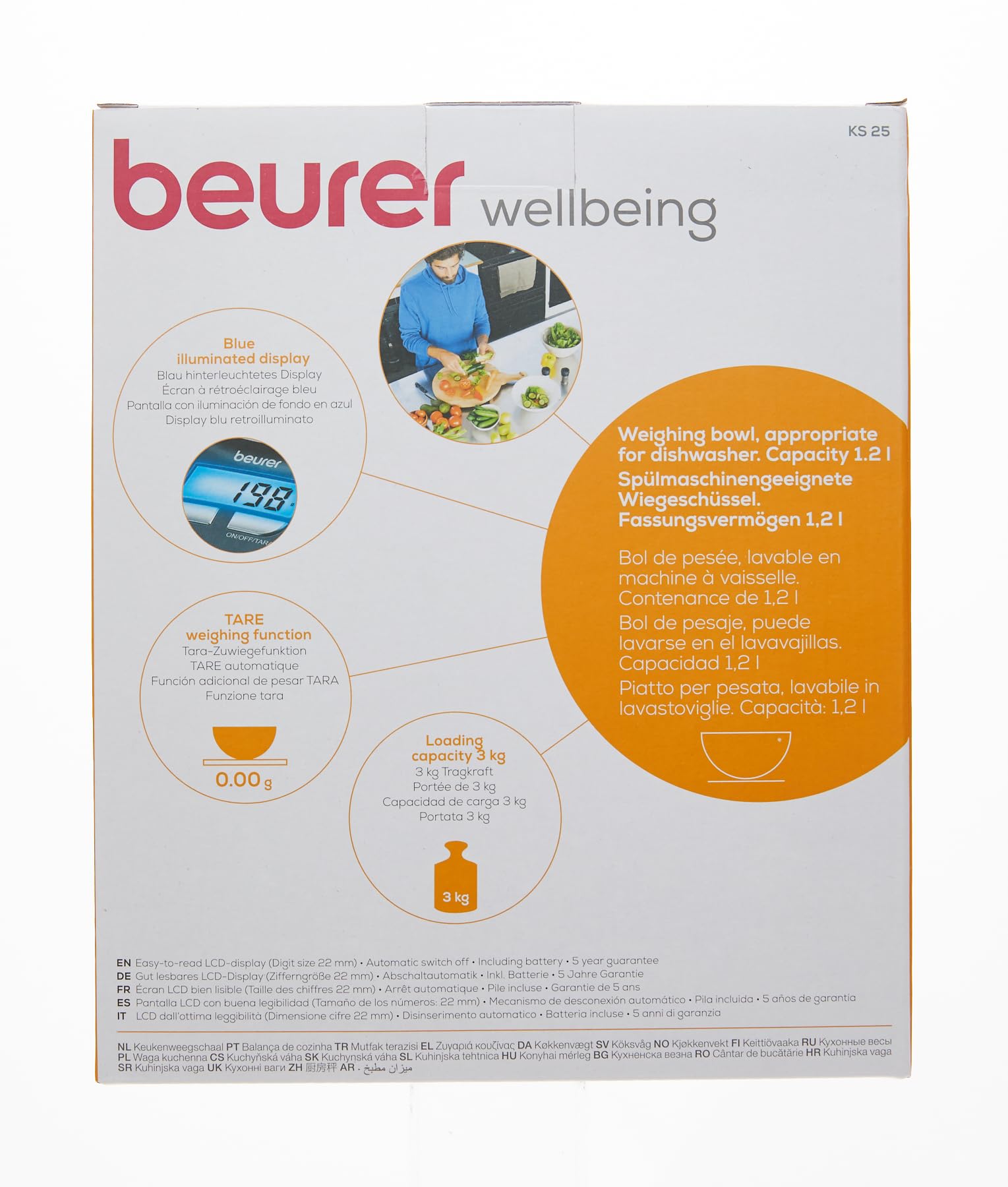 Beurer KS25 Digital Kitchen Scale | with 1.2l Weighing Bowl | Tare Weighing Function | Adjustable Between kg, g, lb, oz | 3kg Weight Capacity