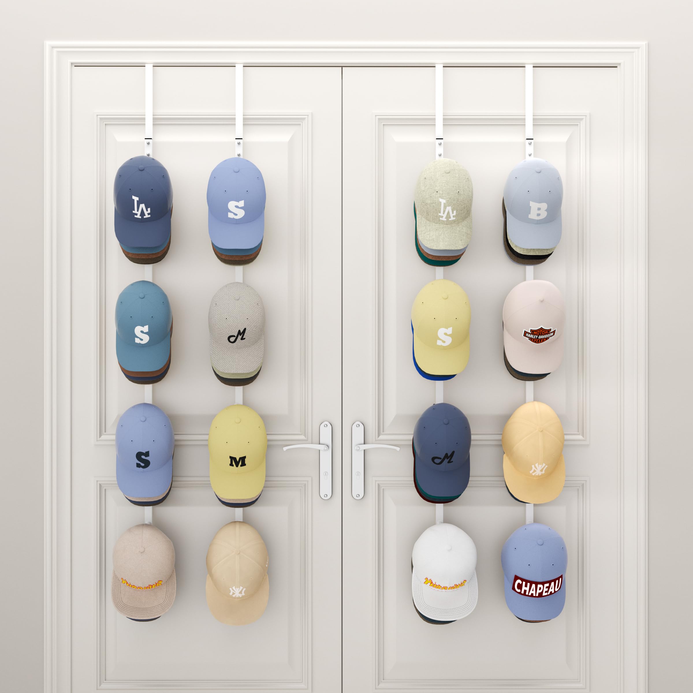 Photo 1 of SWTYMIKI Over Door Hat Organizer - 4 Packs Metal Hanging Hat Rack with 16 Hooks Design, Baseball Cap Hanger Organizer Storage Holds up to 80 Caps for Door, Bedroom, Closet
