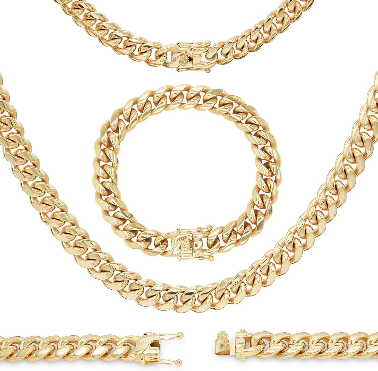 BEBERLINI Cuban Link Chain 14K Gold Plated Curb Necklace 30" Bracelet 8.5" 9" Stainless Steel Fashion Jewelry for Men 5 mm - 18 mm