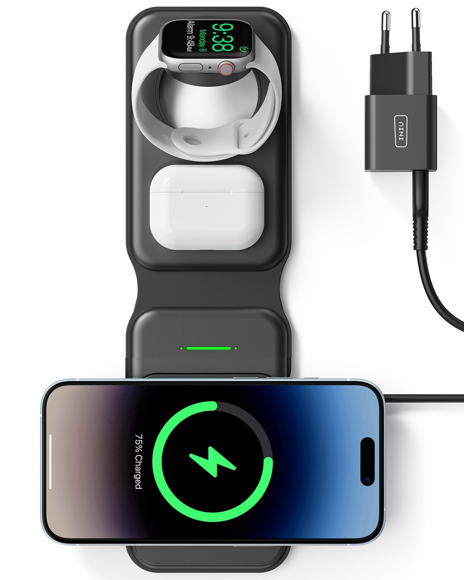 INIU 15W MagSafe Ladestation 3 in 1, Faltbares Wireless Charger Qi2-Zertifikat Reise ladegerät für iPhone 16/15/14/13/12, Apple Watch 9/8/7/6/SE, AirPods 4/3/Pro 2(mit 20W Adapter und USB-C-Kabel)