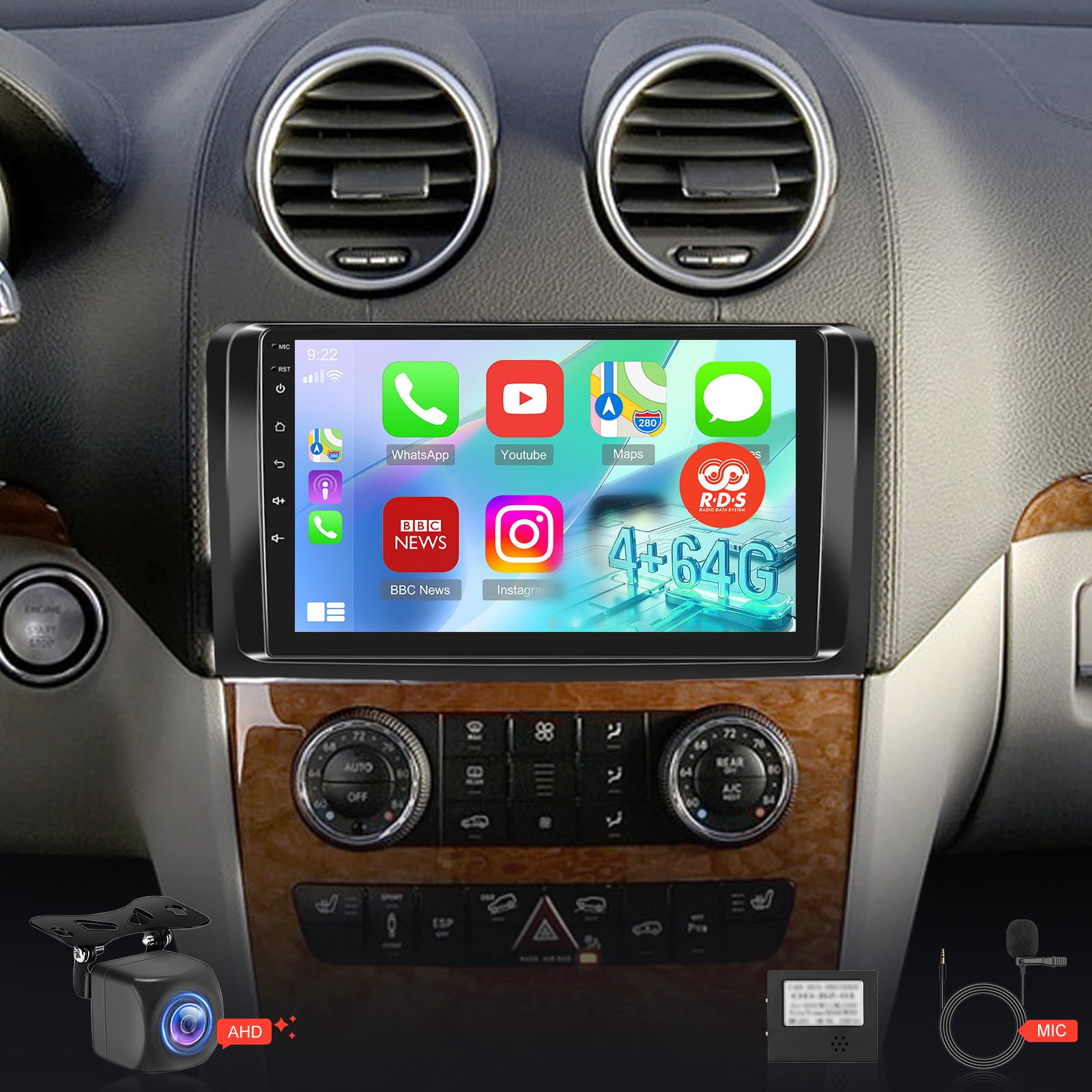 Photo 1 of [4+64G] Car Radio for Mercedes Benz GL ML W164 X164 ML350 ML500 ML280 GL320 GL350 GL450 2005-2011 with Carplay&Android Auto, 9 inches Android Touchscreen Stereo, 32 EQ Audio/Bluetooth/FM RDS/SWC