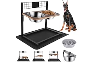 Ciconira Metal Elevated Dog Bowls with Slow Feeder & Spillproof Mat, 8°Tilted Raised Dog Bowl Stand with Two 1.3L Stainless Steel Food Water Bowls,4 Height Adjustable for Large Medium, Small Dogs