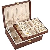Voova Jewelry Box Organizer for Women Girls, 2 Layer Large Men Jewelry Storage Case, PU Leather Display Jewellery Holder with Removable Tray for Necklace Earrings Rings Bracelets, Caramel Brown