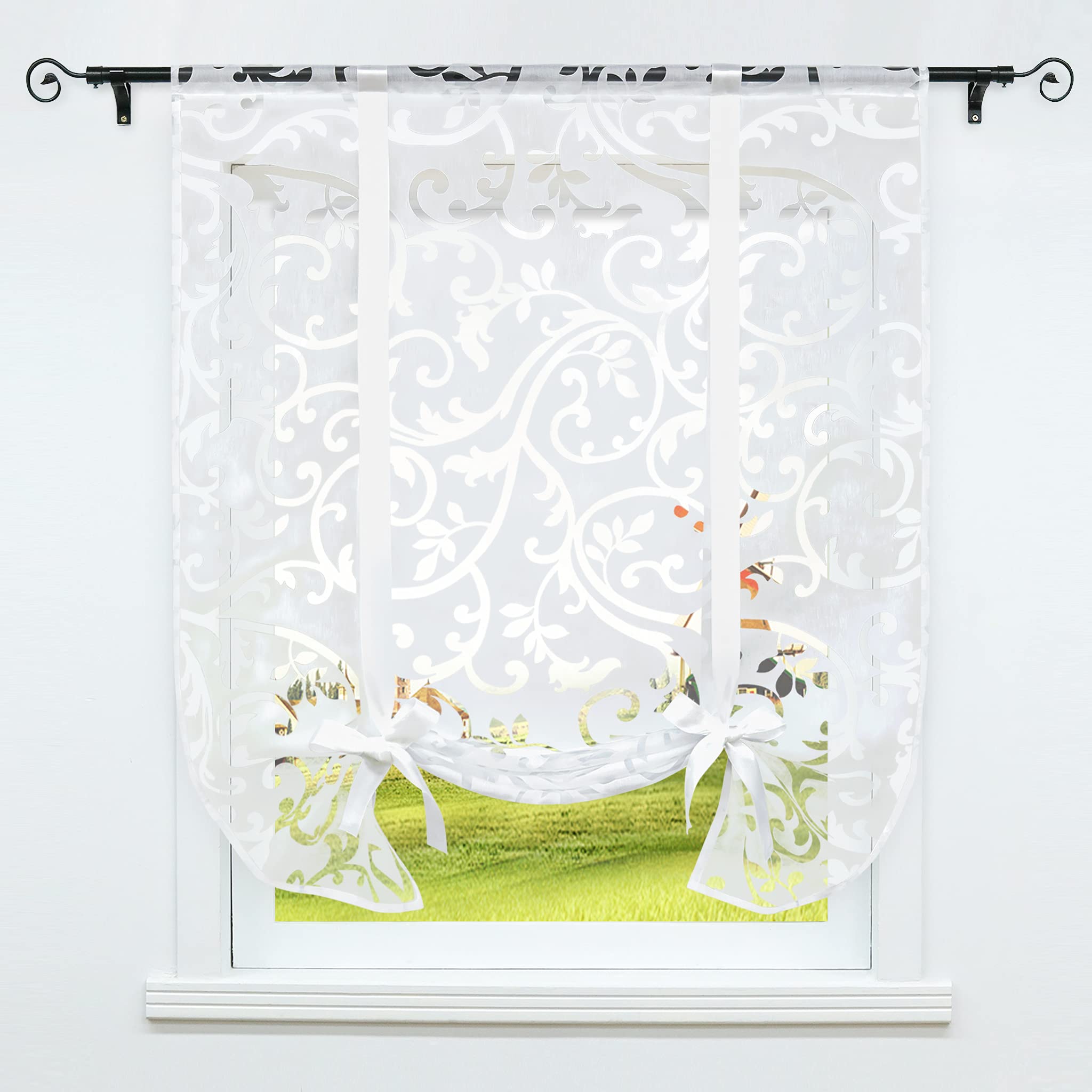 CORLIF Roman Blind with Drawstring Curtains Kitchen Burnout Transparent Curtains Modern Short Window Curtain with Vine Pattern White W x H 60 x 140 cm 1 Piece