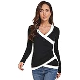 AmélieBoutik Women Color Trim V Neck Faux Wrap Pleated Detail Blouse