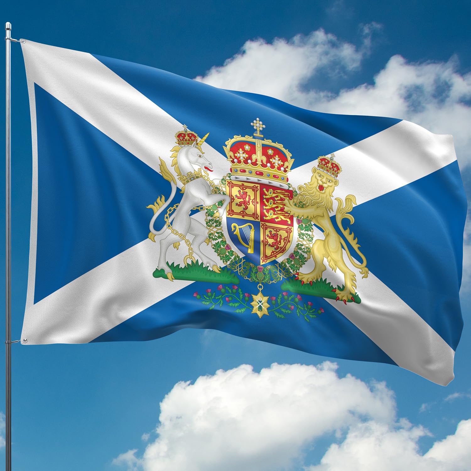 Scottish Flag - St Andrews Saltire with Royal Coat of Arms - Double-sided Digital Print - 110Den Thick Polyester - Double Seam - 2 Brass Eyelets, Large 5ft x 3ft