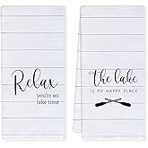 Qnhij Rustic Lake Kitchen Towels Set of 2, Lake House Decor, Lake Dish Towels for Kitchen, Lake House Essentials, on Lake Time Nautical Hand Towels for Bathroom, 16x24 Inch