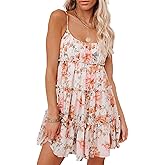 AELSON Sundresses for Women 2025 Floral Summer Dress Boho Flowy Cute Dresses Spaghetti Strap Sleeveless Ruffle Mini Dress