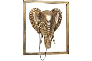 Newinhome Animal Heads Wall Decoration (Gift Metal Frame) Resin Animals Sculptures Head Wall Hanging Decor Gold vintage Wall Sculpture for Living Room Bedroom Office(Elephant)